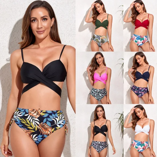 New Hot Selling Black Halter Top Bikini Sets Swimwear Two Piece Ruffle Bathing Suits Tummy Control Swimsuits Slimming Vintage Bikinis for Women