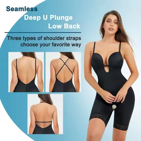 Women′s Low Back Full Deep Plunge Strapless Bodysuit MID Thigh Backless Seamless Body Shaper for Women with Tummy Control 