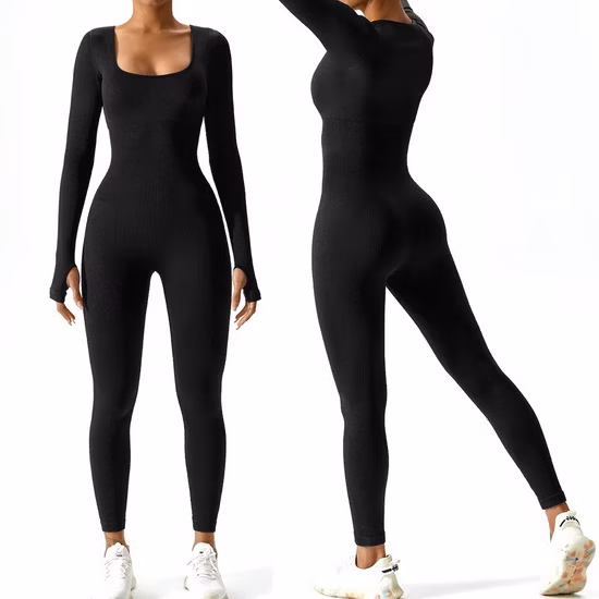 Long Sleeve Ribbed Shapewear Clothing Tummy Control Workout Yoga Bodysuits Seamless One Piece Bodycon Athletic Jumpsuits for Women